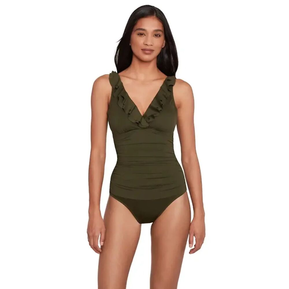 NWT Lauren Ralph Lauren Core/Ruffle Surplice/One-Piece Swimsuit Dark Olive12